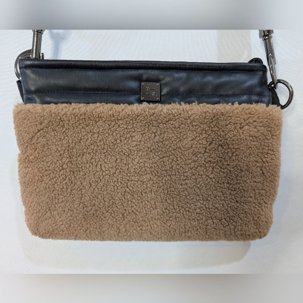 Think Royln Crossbody Bag Tan Faux Shearling Black Quilted Puffer Small Purse